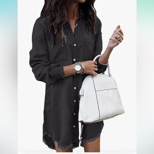 Zilcremo Women Denim Shirt Dresses Long Sleeve Distressed Jean Dress Button Down